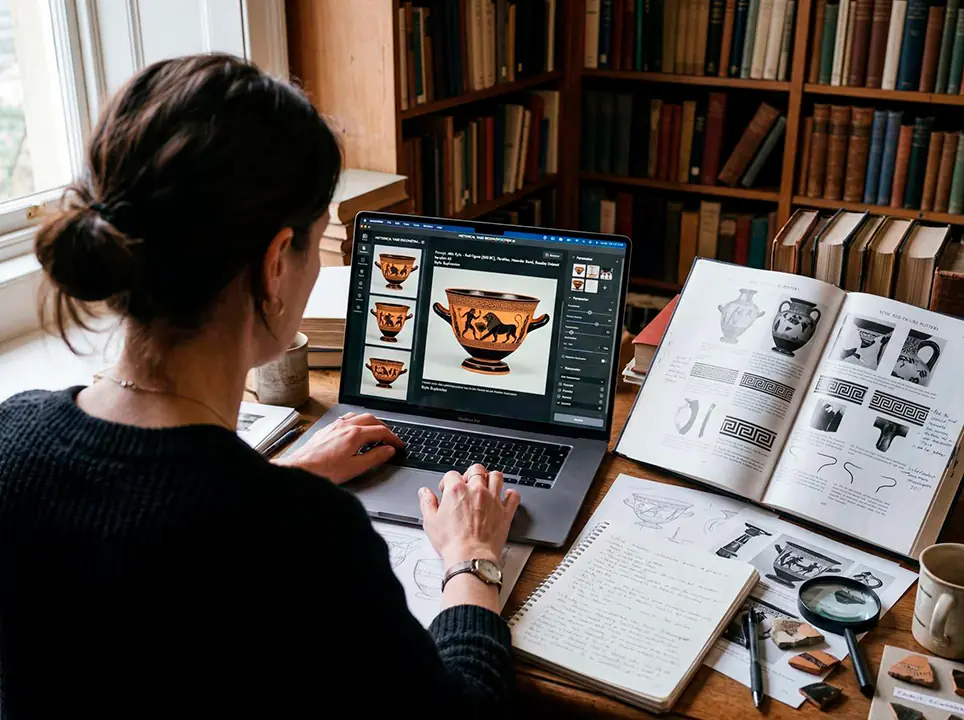 Proceso de investigación en reconstrucción histórica con análisis de fuentes documentales y referencias visuales.